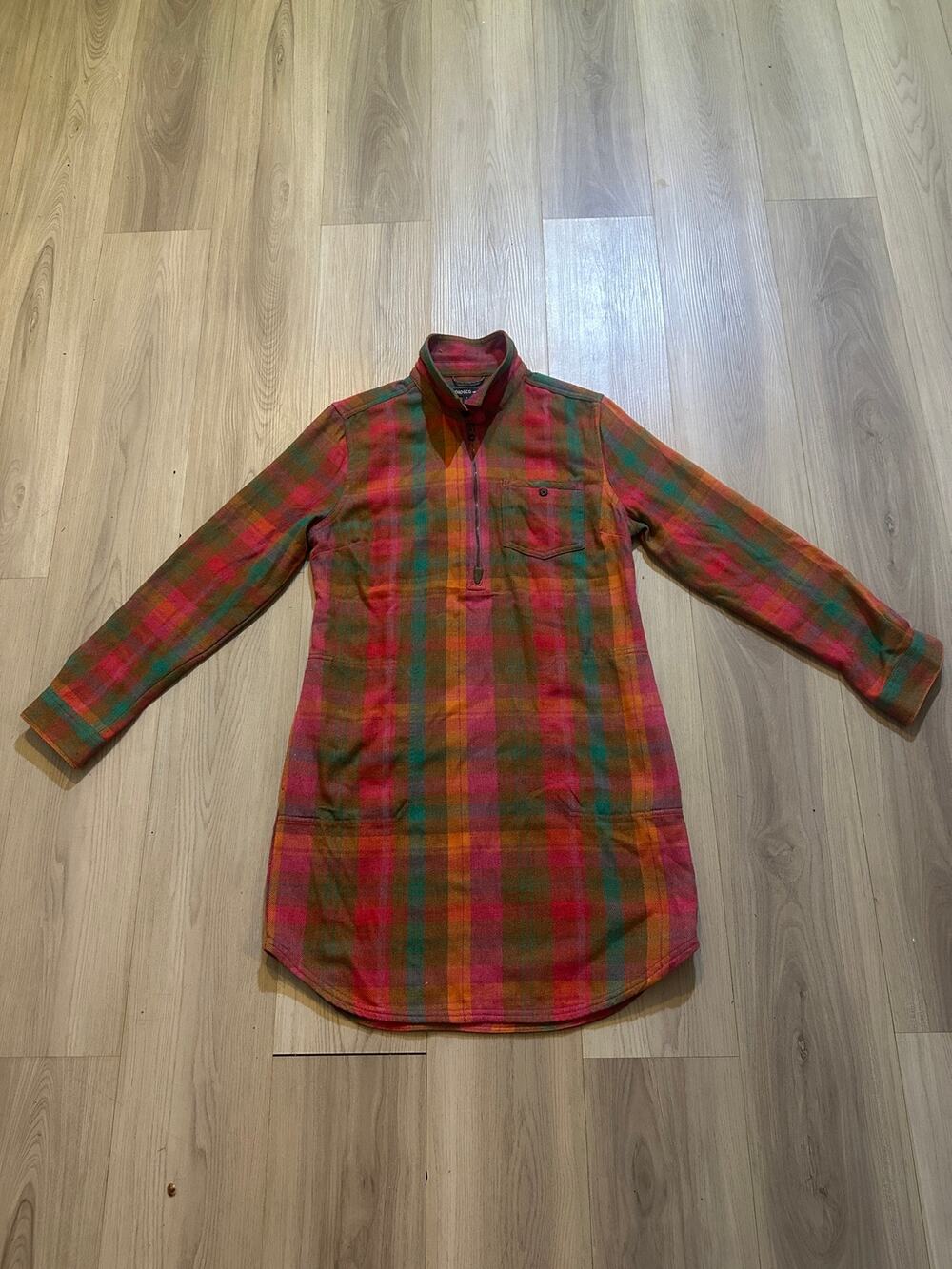 Toad&Co Bodie 1/4 Zip LS Dress Small Re-Form Flannel Plaid Magenta Orange Pink